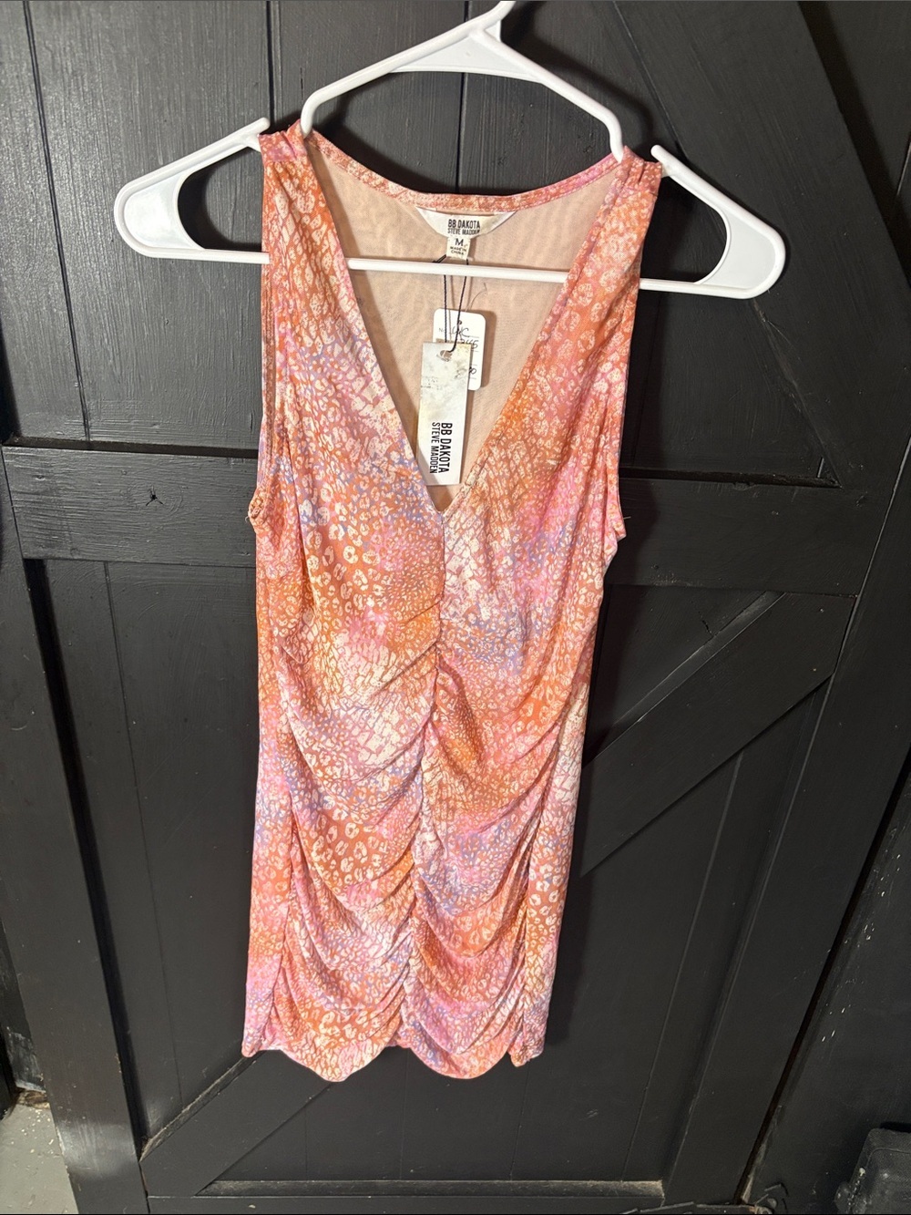 BB Dakota Pink Orange Printed V-Neck Ruched Mini Dress